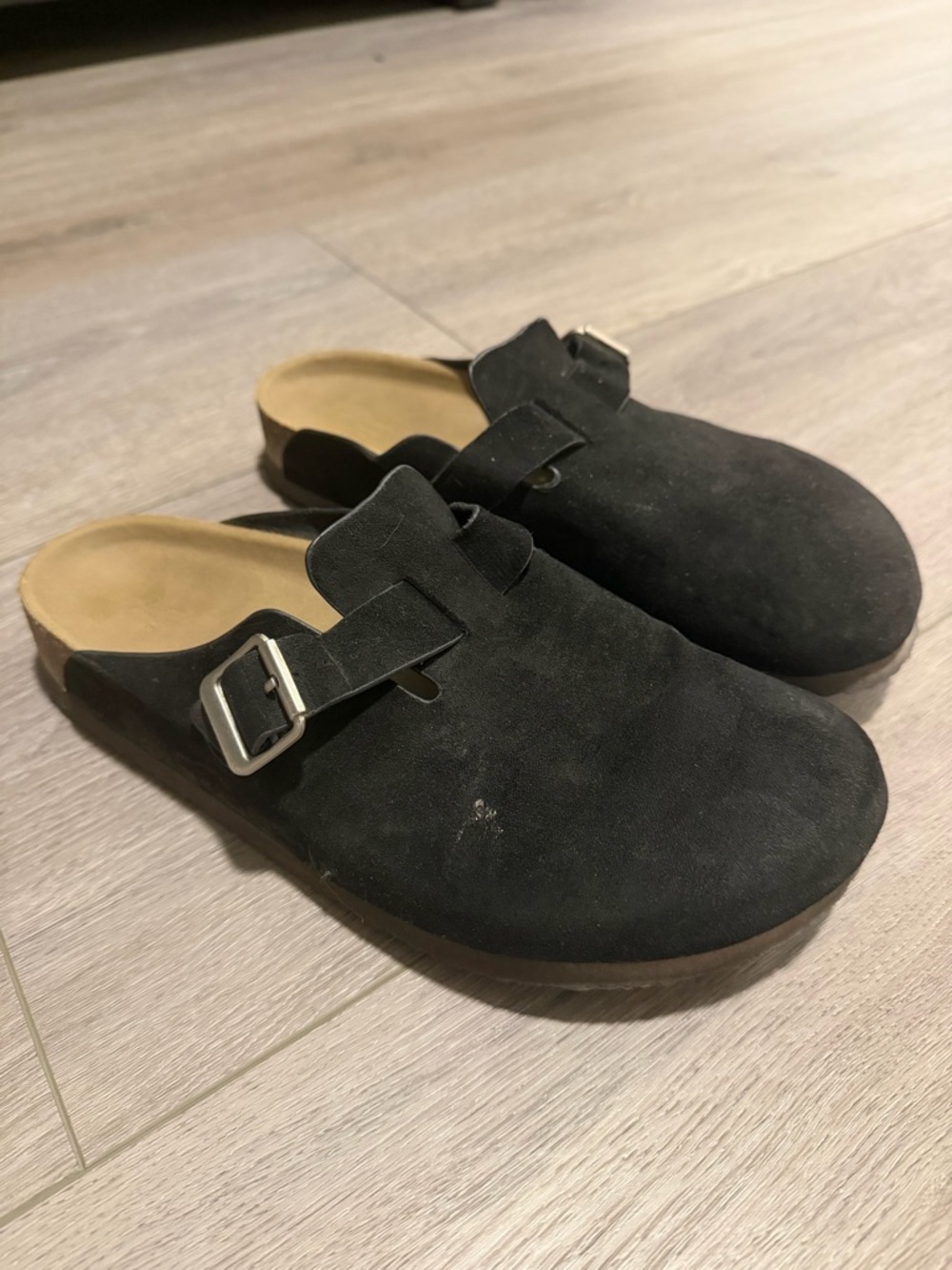 Black Suede Slip-On Clogs with Buckle